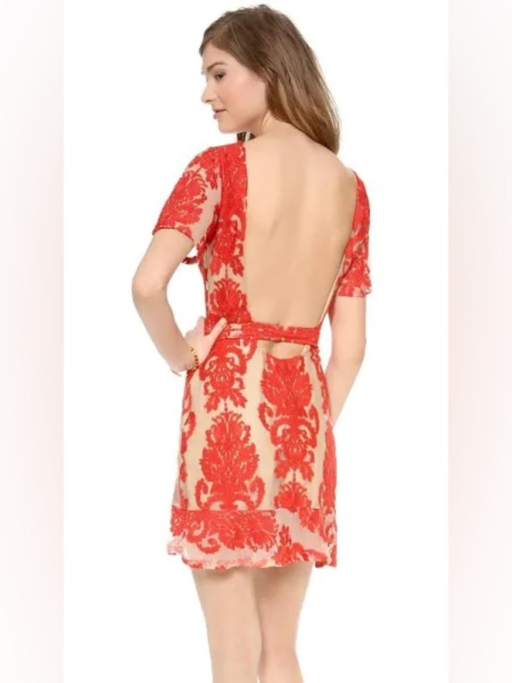 For Love & Lemons San Marcos Mini Dress Red Embroidered Nude Illusion Size Small - Picture 2 of 13
